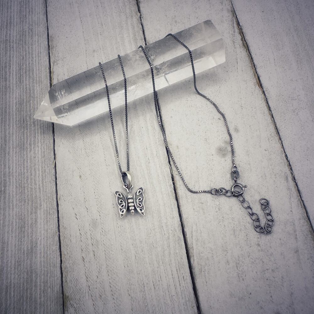 Sterling Silver Butterfly Necklace Black Rhodium Sterling Box Chain